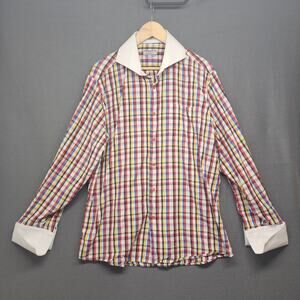 Stefano Mens L Shirt Long Sleeve Button Down French Cuff Multicolor Check Plaid